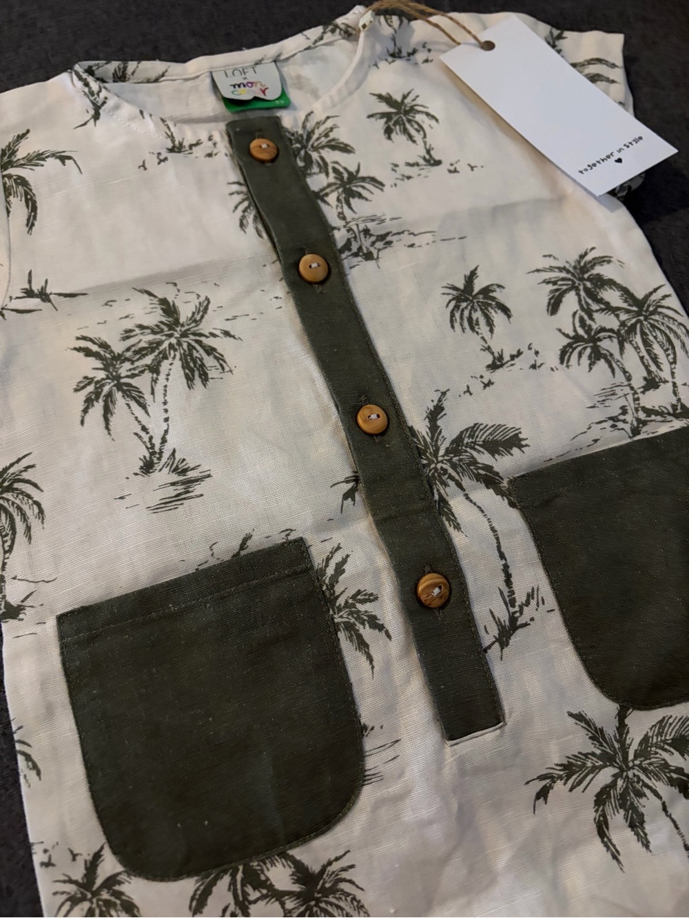 LOFT x Mon Coeur Cream and Olive Linen Palm-Print Baby Romper - Picture 3 of 4